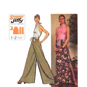 Könnte beinhalten: Vintage Schnittmuster für ein Neckholder-Top und eine weite Hose. Die Illustration zeigt eine Frau in einem Polka-Dot-Neckholder-Top und einer olivgrünen Hose. Das Muster enthält den Text "Super Jiffy" und "easy cut - easy sew".