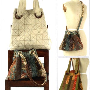 May include: A sewing pattern titled Indygo Junction by Amy Barickman IJ805 Grids and Grommets featuring three tote bags. One bag is cream with a quilted grid pattern, while the others feature multi-colored fabric strips and floral patterns.