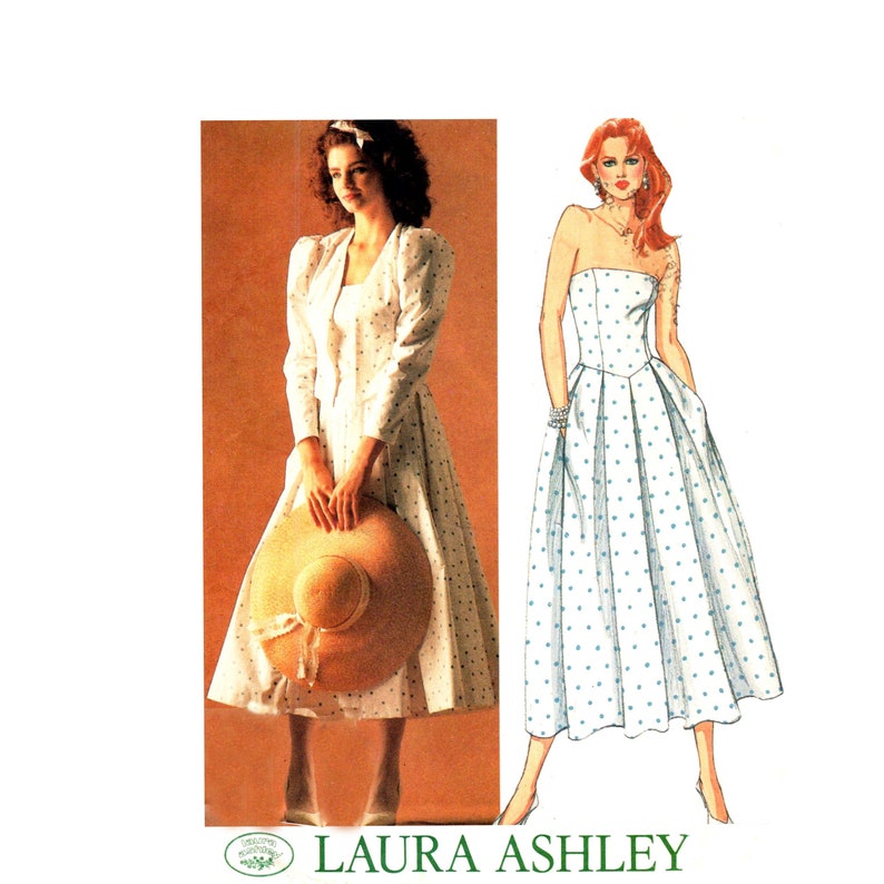 Laura Ashley Dress Pattern uncut Strapless Dress and Bolero Dress Size 12 Bust 34 Puff Sleeves Modest Dress McCalls 2398 image 1