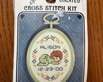 Mini Birth Record Counted Cross Stitch kit 2 x 2.5 Sleepy Baby Personalized New Berlin Co. 30441