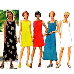 May include: Five women's dresses in different colours. The dresses include a black floral print maxi dress, a yellow mini dress, a red mini dress, a blue midi dress, and a white mini dress. Each dress has a different neckline and style.