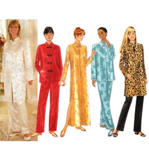 May include: A sewing pattern illustration featuring five outfits: a white floral tunic and pants, a red tunic with frog closures and matching pants, a long gold floral dress with side slits, a light blue floral tunic and pants, and a leopard print tunic.