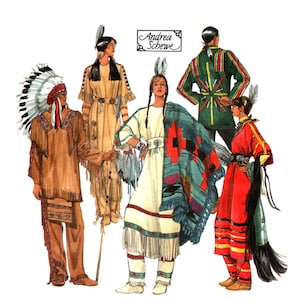 May include: An illustration by Andrea Schewe depicting five figures in various outfits, including a tan fringed ensemble with a feathered headdress, a tan fringed dress, a white dress with a patterned blanket, a green jacket, and a red dress with fringe.