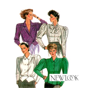 May include: A sewing pattern illustration featuring four blouses with long sleeves and shoulder detailing. The designs include a purple patterned wrap blouse, a white blouse with a bow, a white double-breasted blouse, and a green textured blouse. New Look text.