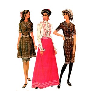 May include: Illustration of three women in vintage dresses. The dresses are brown with white polka dots, a white blouse with a pink skirt, and a polka dot hat. Each dress has a belt. The image is a vintage fashion illustration.