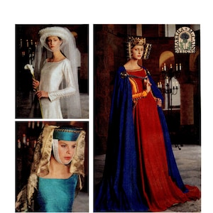 Puede incluir: Tres imágenes que muestran vestidos y tocados de inspiración medieval. Una imagen presenta un vestido de novia blanco con velo. Otra muestra un vestido rojo y dorado con capa azul y corona. La tercera muestra un vestido turquesa con un tocado a juego. El logotipo de Martha McCain Designs es visible.