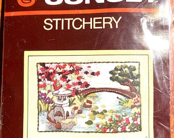 Vintage 80s Oriental Bridge Embroidery Kit 5x7 by Charlene Gerrish Jiffy 847