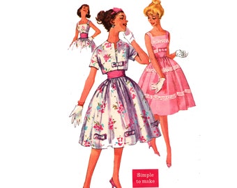 50s Dress Pattern pre-cut Full Skirt Dress Size 15 Bust 35 Cropped Jacket Cummerbund Simplicity 2992