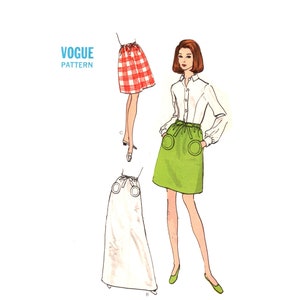 May include: Vogue Pattern illustration featuring a white long-sleeve button-down shirt, a lime green skirt with circular pockets and a drawstring waist, a red and white plaid skirt, and a long white skirt with circular accents at the waist.