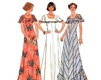 Bias Gown Pattern uncut 70s Flutter Sleeve Dress Size 12 Bust 34 Scoop Neckline Simplicity 7434