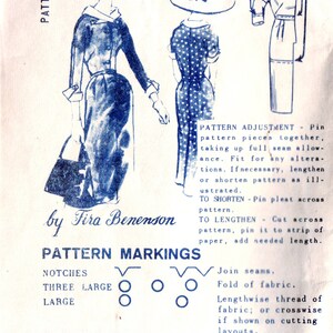 May include: A vintage sewing pattern envelope labeled Pattern A-2027 by Fira Benenson. The blue ink illustration shows a dress with a wide collar and cuffed sleeves, a back view, and adjustment instructions for lengthening or shortening the garment.