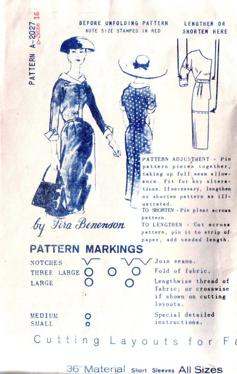 May include: A vintage sewing pattern envelope labeled Pattern A-2027 by Fira Benenson. The blue ink illustration shows a dress with a wide collar and cuffed sleeves, a back view, and adjustment instructions for lengthening or shortening the garment.