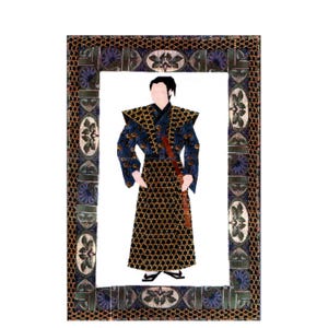 May include: A framed illustration of a figure wearing a dark blue patterned kimono with wide shoulders and a long skirt featuring a gold geometric lattice design. The figure holds a long brown staff. The frame has a dark floral and lattice border.