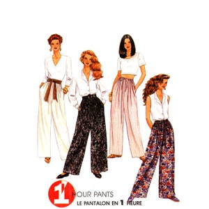 May include: Four women's fashion illustrations showcasing different styles of wide-leg pants. The pants are in various colors and patterns, including white, black, striped, and floral. The text "1 Hour Pants Le Pantalon en 1 Heure" is at the bottom of the image.