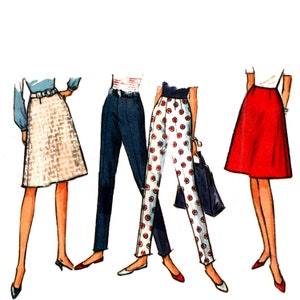 May include: Four different styles of women's pants and skirts. The first is a white and beige skirt with a belt. The second is a pair of dark blue pants. The third is a pair of white pants with red polka dots. The fourth is a red skirt.