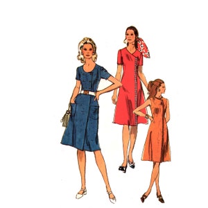 May include: Illustration of three dresses in different colors: blue, red, and orange. The blue dress has a double-breasted design with a white belt. The red dress features a wrap-style front. The orange dress is sleeveless with a decorative trim.