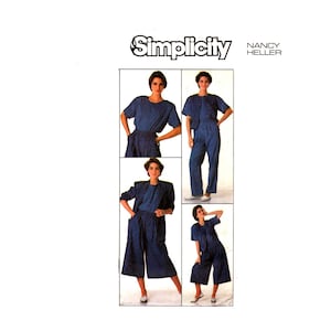 May include: A Simplicity sewing pattern featuring a denim-look outfit. The pattern includes a top, jacket, and culottes. The image shows four different views of the outfit. The text "Simplicity" and "NANCY HELLER" are at the top.