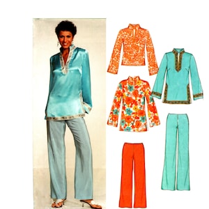 以下が含まれることがあります： チュニックとパンツの縫製パターン。パターンには、花柄のトップスが2種類、無地のトップスが2種類の計4種類のトップスが含まれています。パンツはオレンジとターコイズの2色展開です。