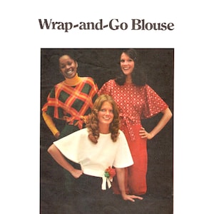 May include: Image of three women wearing wrap-and-go blouses. One blouse is white, another is red with a diamond pattern, and the third is green and yellow plaid. The text "Wrap-and-Go Blouse" is at the top of the image.
