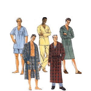 May include: Illustration of five people wearing sleepwear and robes. The sleepwear includes a blue and white striped short-sleeve shirt and shorts set, a yellow V-neck shirt and pants set, and a green plaid robe. The robes are in plaid patterns.