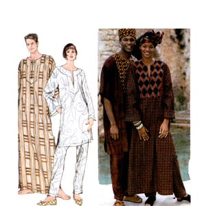May include: Image of traditional African clothing. The image shows a man and woman in matching outfits, with the man wearing a dark brown tunic and the woman in a patterned dress. There is also a drawing of a man and woman in long-sleeved tunics and trousers.