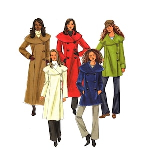 May include: A fashion illustration featuring five coats with large collars. The coats are shown in tan, red, cream, blue, and lime green. Each coat features a distinct button closure style, ranging from double-breasted to asymmetrical designs.