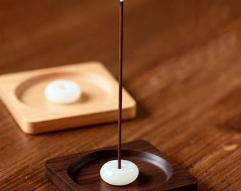 Jade Incense Holder with Walnut/Beech Wood Base, Minimalist Incense Stick holder