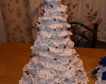 Crochet White Christmas Tree Tabletop Red Lights