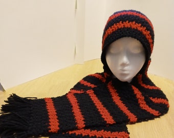 Crochet Scarf Hat Set Black & Red Stripe Handmade New