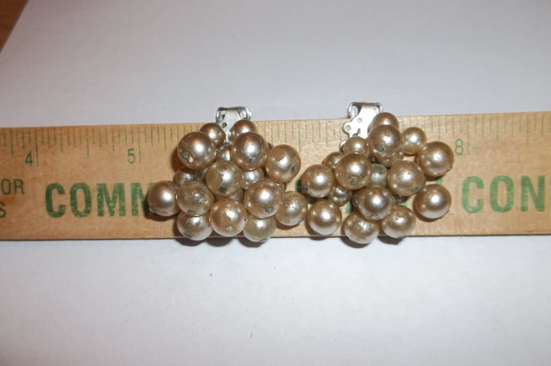 CLUSTER Bead Earrings Clip On Marked JAPAN Silvertone 1 pair 1 image 1