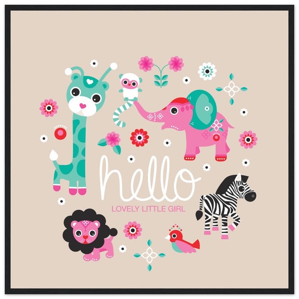 Transform your child's bedroom or playroom with Shop of Heart's unique and creative children "hello baby animals" wood frame wall art poster