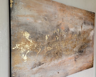 Abstrakte Kunst mit sehr viel Struktur, mit beige Tönen und Gold. Sehr edles Gemälde Acryl auf Leinwand mit Holzrahmen 100×140cm