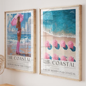 Coastal Cowgirl Newspaper Print Set: Pink & Blue Beachy Wall Art