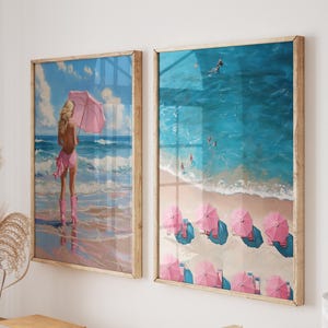Coastal Cowgirl Wall Art Set: Pink Beach Umbrellas, Ocean Prints
