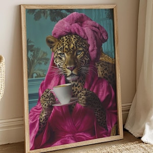 Leopard in Pink Robe Drinking Coffee Art Print: Maximalist Decor Unframed Print
