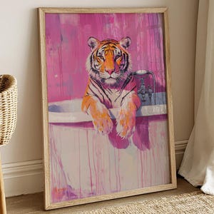Trendy Leopard Wandkunst, Leopard im rosa Badezimmer, Maximalist Dopamin Leopard Badezimmer Poster, trendige Wohnheim-Wanddekoration, ungerahmter Druck