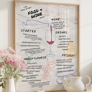 Trendy Kitchen Wall Poster,  Illustration Wine Food Menu Print, Minimalist Bar Cart Wall Art, Dining Room Wall Print, Unframed