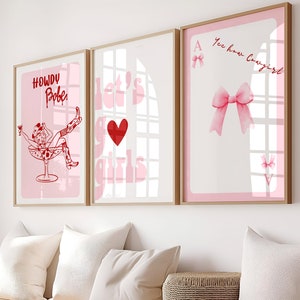 Art mural cow-girl rose BCBG, lot de 3, affiche tendance avec noeud de carte Ace, impression petite chérie, décoration murale rose pour chambre à coucher, sans cadre