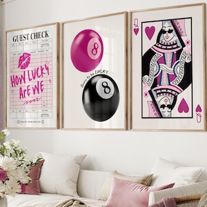 Ensemble de 3 oeuvres d'art mural rétro rose noir, impression Eight Ball, poster Queen aux cartes à jouer, impression murale Quelle chance avons-nous de vérifier les invités, sans cadre