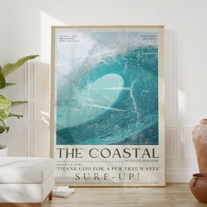 Blue Coastal Wave Print: Vintage Surf Newspaper Wall Art Unframed Print