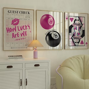 Ensemble d'art mural rétro rose et noir, impression de huit boules, affiche de carte de la reine, impression murale de chèques d'invité chanceux, décoration de chambre à coucher moderne géniale de l'an 2000