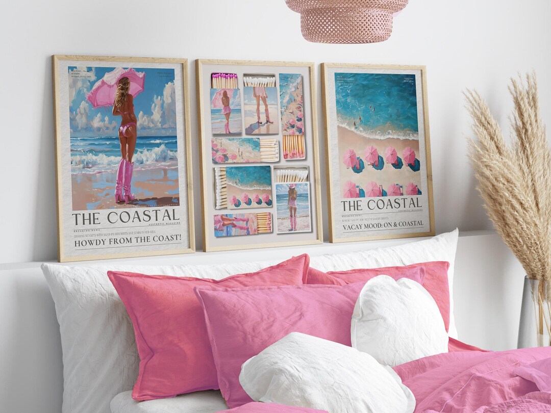 Coastal Cowgirl Wall Art Set: Beachy Newspaper Prints, Pink & Blue Dorm ...