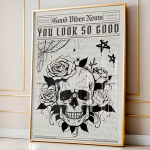 Impression gothique tu es si belle, art mural journal rétro noir, affiche squelette floral sans cadre
