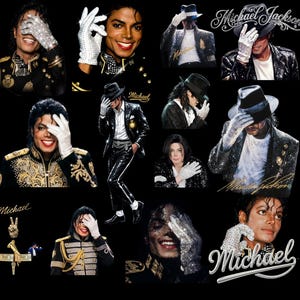 Puede incluir: Un collage de im&aacute;genes que presenta a Michael Jackson en varias poses. Lleva atuendos ic&oacute;nicos, incluyendo una chaqueta negra con detalles dorados, una camisa blanca y un sombrero fedora negro. Algunas im&aacute;genes incluyen el nombre "Michael" en una fuente estilizada.