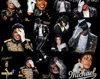 May include: A collage of images featuring Michael Jackson in various poses. He is wearing iconic outfits, including a black jacket with gold accents, a white shirt, and a black fedora. Some images include the name "Michael" in a stylized font.