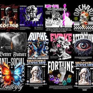May include: A collage of nine graphic designs featuring various themes, including a skull with a heart, a cherubic figure wearing a gas mask, a weeping angel, a butterfly, a skull with a snake, a crying eye, a dice with a clock, and a statue of a woman with a crown. The designs are in a variety of colors, including black, white, red, blue, and green.