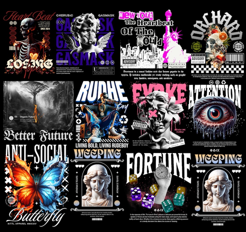 May include: A collage of nine graphic designs featuring various themes, including a skull with a heart, a cherubic figure wearing a gas mask, a weeping angel, a butterfly, a skull with a snake, a crying eye, a dice with a clock, and a statue of a woman with a crown. The designs are in a variety of colors, including black, white, red, blue, and green.