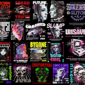 Glitch T-Shirt Designs Bundle – Urban Streetwear Graphics, Pop Culture, Biker Styles, and Hip Hop PNG