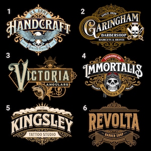 May include: Six vintage-style logos with ornate lettering and illustrations. The logos are for a variety of businesses, including a barbershop, a motorcycle shop, a tattoo studio, and a fishing business. The logos are all in gold and black with a white background.