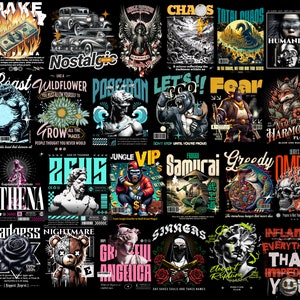 May include: A collage of 20 colorful graphic designs featuring various themes, including nature, animals, mythology, and abstract concepts. The designs are set against a black background and feature bold typography and vibrant colors.